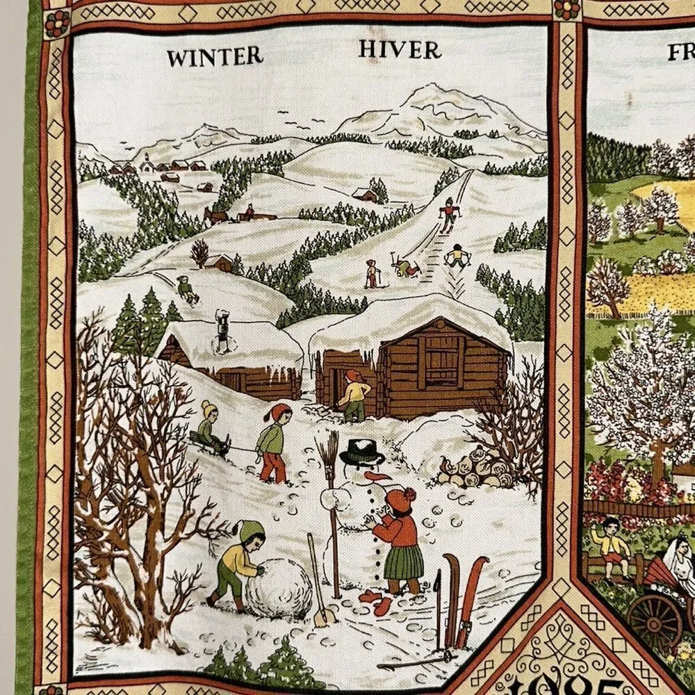 Vintage 1985 Alba cotton calendar‎ tea towel/European scenes of the four seasons